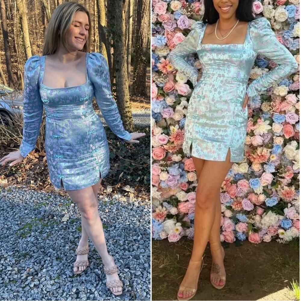 SAU LEE Jen Chinese Jacquard Floral Long Sleeve Mini Dress in Blue Size 12 - Picture 5 of 15
